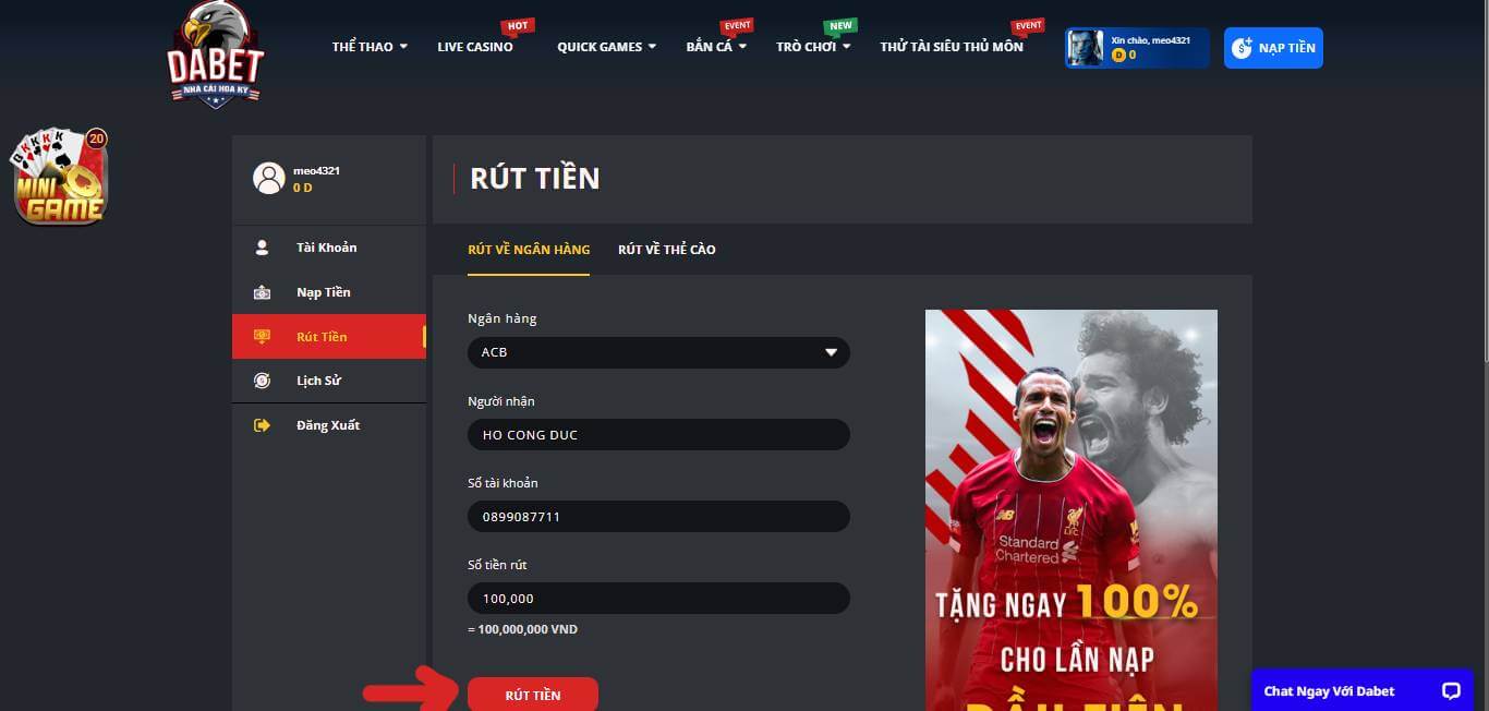 Ấn vào nút rút tiền để lấy tiền về