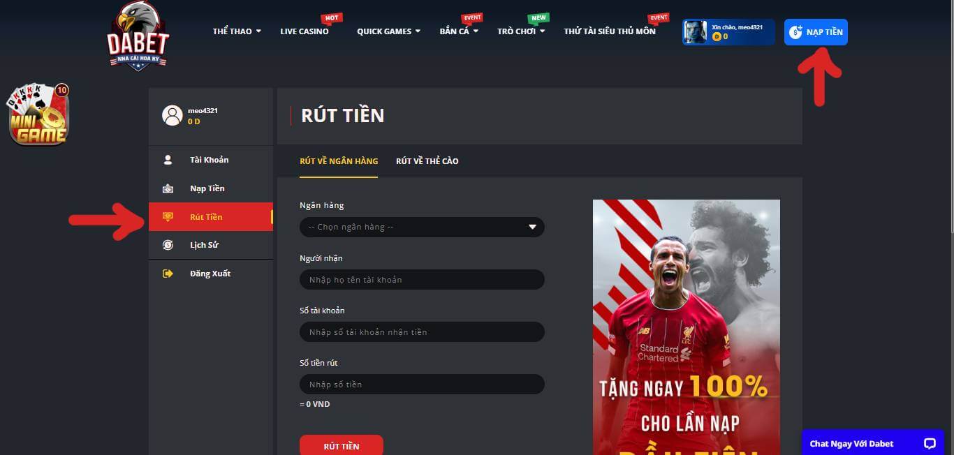 Cần điền đầy đủ thông tin rút tiền