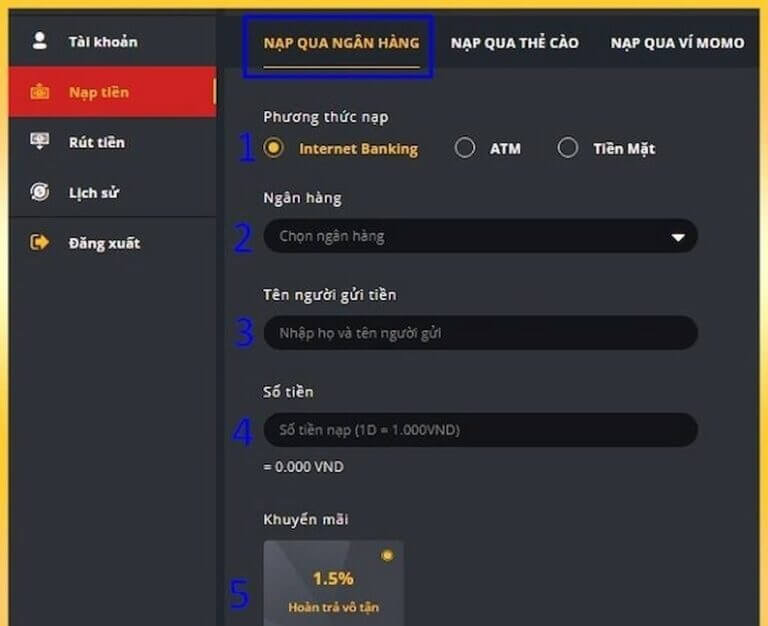Nạp tiền vào tài khoản nhà cái Dabet qua ngân hàng